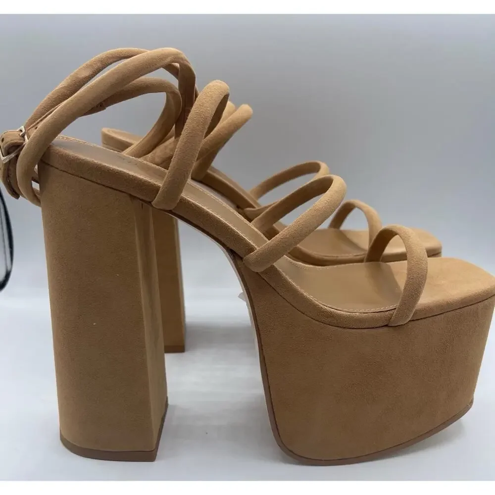CULT GAIA Hyte Strappy Ankle Wrap Suede Leather Camel Platform Heels Size 8.5